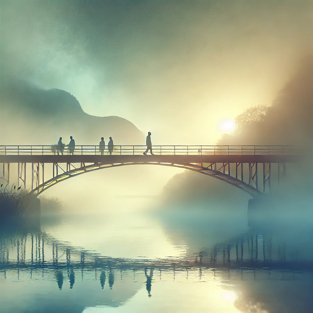 a bridge over water with people walking on it