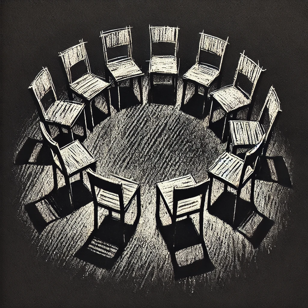 A charcoal drawing of chairs in a circle representing group therapy